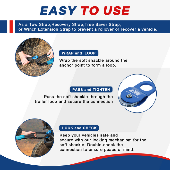 Offroad Recovery Kit Include 3" x8' Tree Saver Synthetic Soft Shackle with Extra Sleeves and 10 Ton Snatch Block Pulley-6