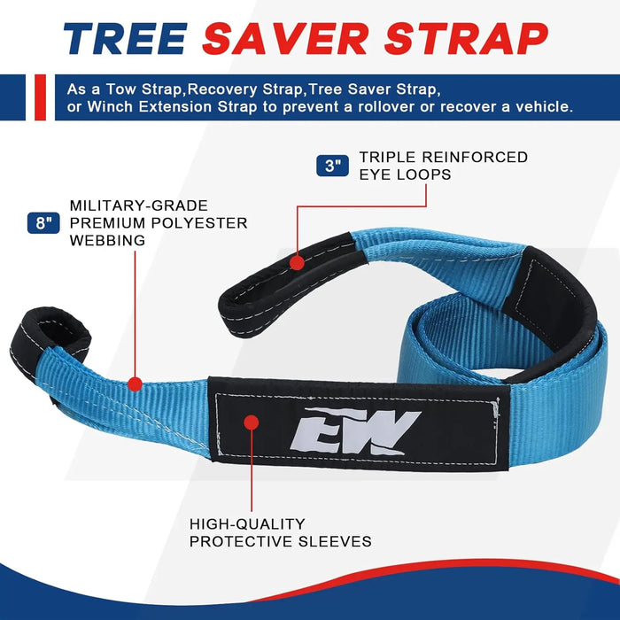 3" x8' Tree Saver Winch Towing Strap, 3/4" D Ring Shackles, 10 Ton Snatch Block Pulley and Storage Bag - Truck, SUV, ATV Offroad Recovery Gear Kit 4x4-4