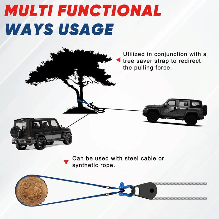 3" x8' Tree Saver Winch Towing Strap, 3/4" D Ring Shackles, 10 Ton Snatch Block Pulley and Storage Bag - Truck, SUV, ATV Offroad Recovery Gear Kit 4x4-6