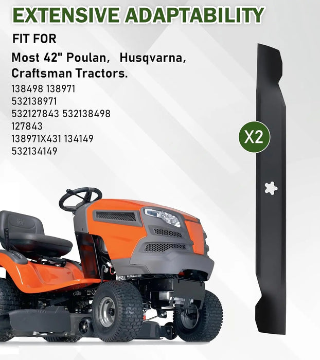 532138971 2pcs Lawn Mower Blades Mower Parts Fit for 42in Craftsman Husqvarna Poulan Lawn Mowers Replaces 138498,138971,532127843,532138498,127843,138971X431,134149,532134149-4