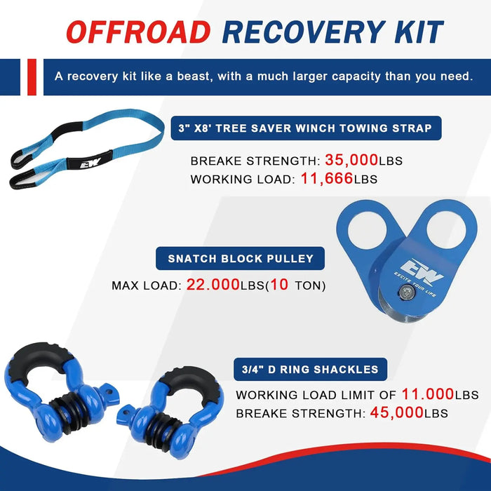 3" x8' Tree Saver Winch Towing Strap, 3/4" D Ring Shackles, 10 Ton Snatch Block Pulley and Storage Bag - Truck, SUV, ATV Offroad Recovery Gear Kit 4x4-5