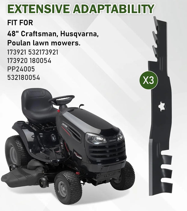 3pcs Lawn Mower Blades Mower Parts with 48" Deck Fit for Craftsman Husqvarna Poulan Lawn Mowers Replaces OEM # 173921,532173921,173920,180054,PP24005,532180054,Black-6