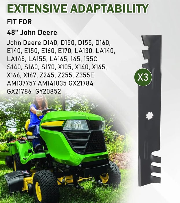 GY20852 GX21784 3pcs Lawn Mower Blades Mower Parts with 48" Deck Fit for John Deere D140 Lawn Tractors D150 D160 D155 Replaces OEM # AM137757 AM141035 GX21786 GY20852-7
